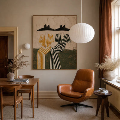 Seated Companions in Ochre and Green Stripes Wall Art styled interior scene 3 | Olyrel