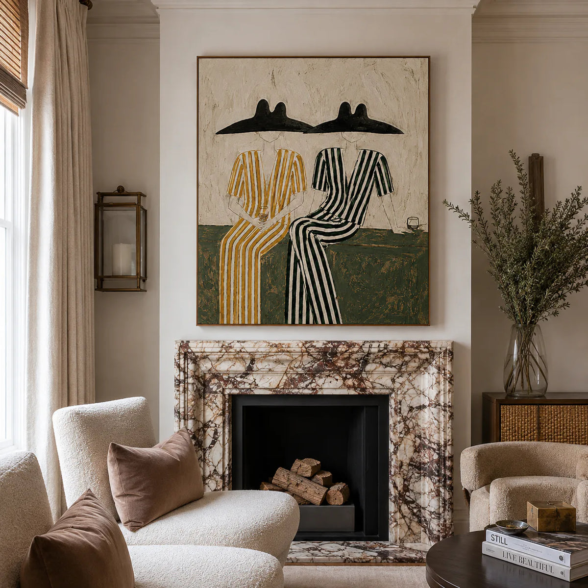 Seated Companions in Ochre and Green Stripes Wall Art styled interior scene 4 | Olyrel