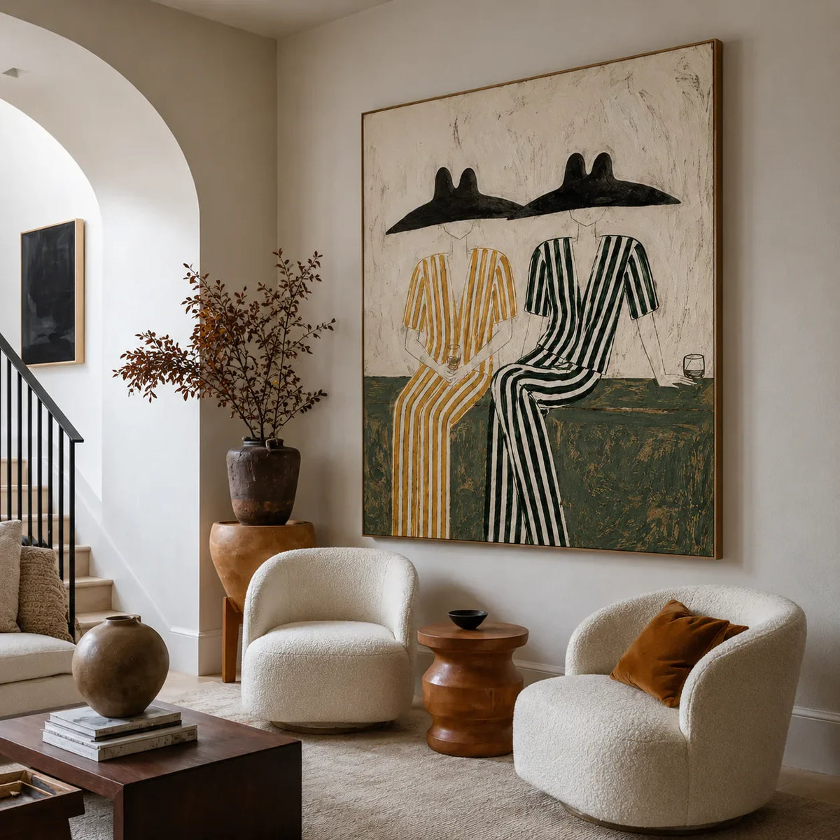 Seated Companions in Ochre and Green Stripes Wall Art styled interior scene 5 | Olyrel