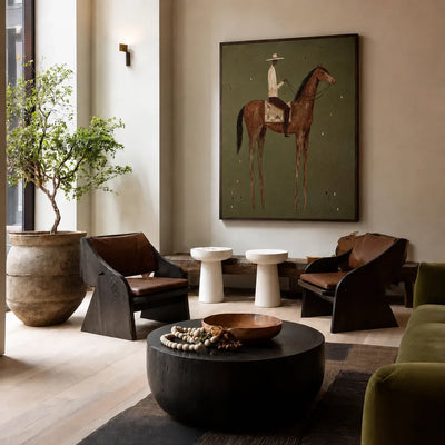 Cream-Hatted Rider on a Chestnut Horse Wall Art styled interior scene 1 | Olyrel