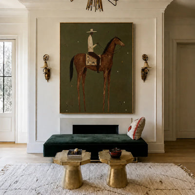 Cream-Hatted Rider on a Chestnut Horse Wall Art styled interior scene 2 | Olyrel
