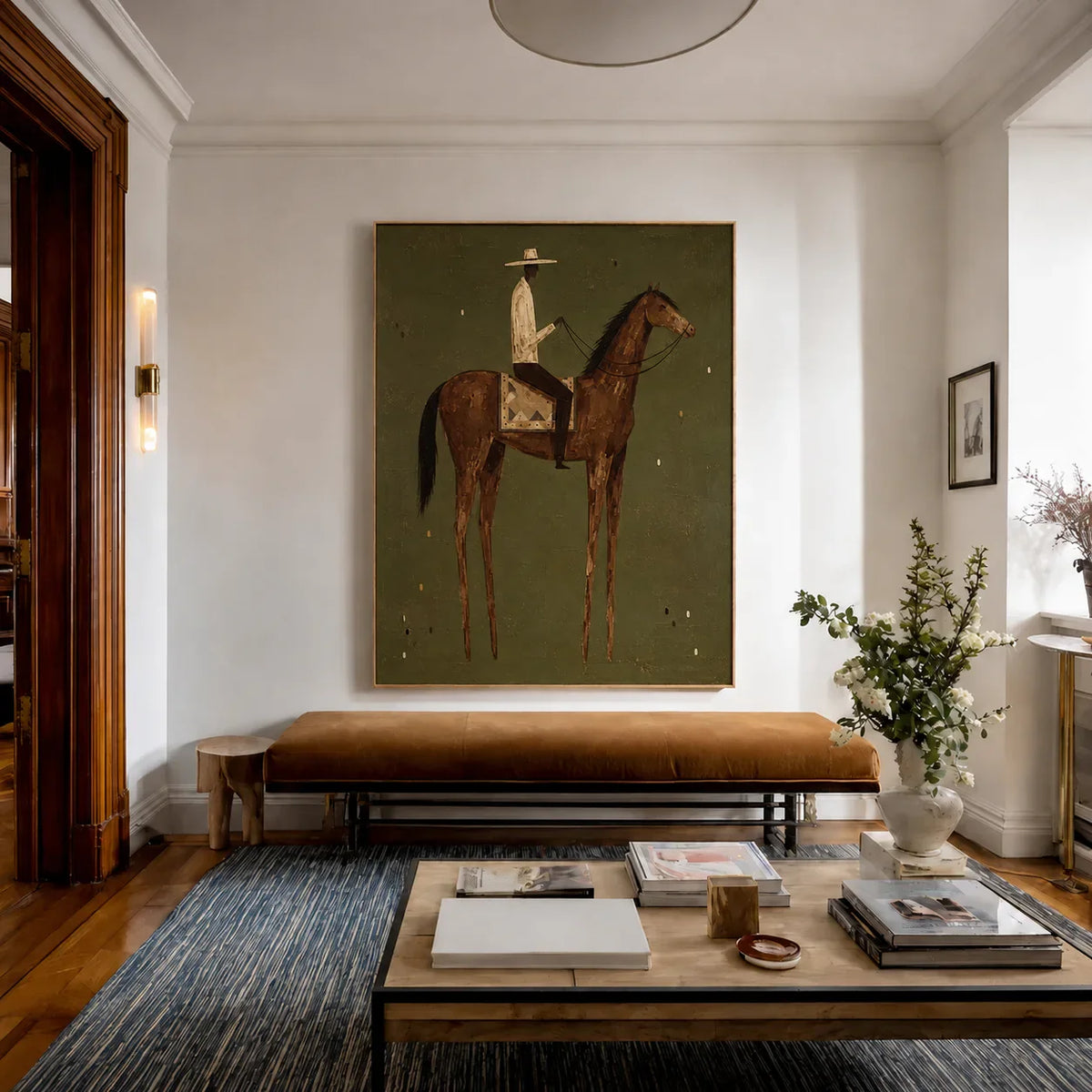 Cream-Hatted Rider on a Chestnut Horse Wall Art styled interior scene 3 | Olyrel