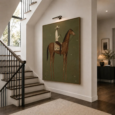 Cream-Hatted Rider on a Chestnut Horse Wall Art styled interior scene 5 | Olyrel