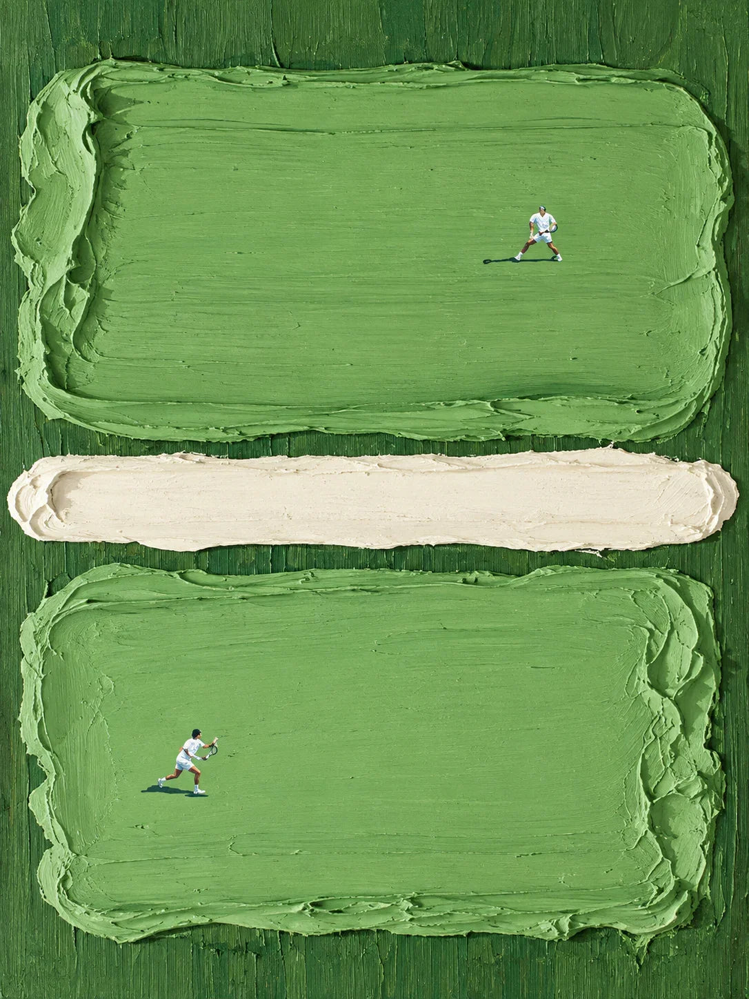 Two Tennis Players on Textured Green Court Panels Wall Art artwork view | Olyrel