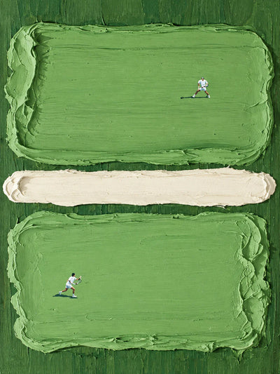 Two Tennis Players on Textured Green Court Panels Wall Art artwork view | Olyrel