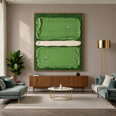 Two Tennis Players on Textured Green Court Panels Wall Art styled interior scene 4 | Olyrel