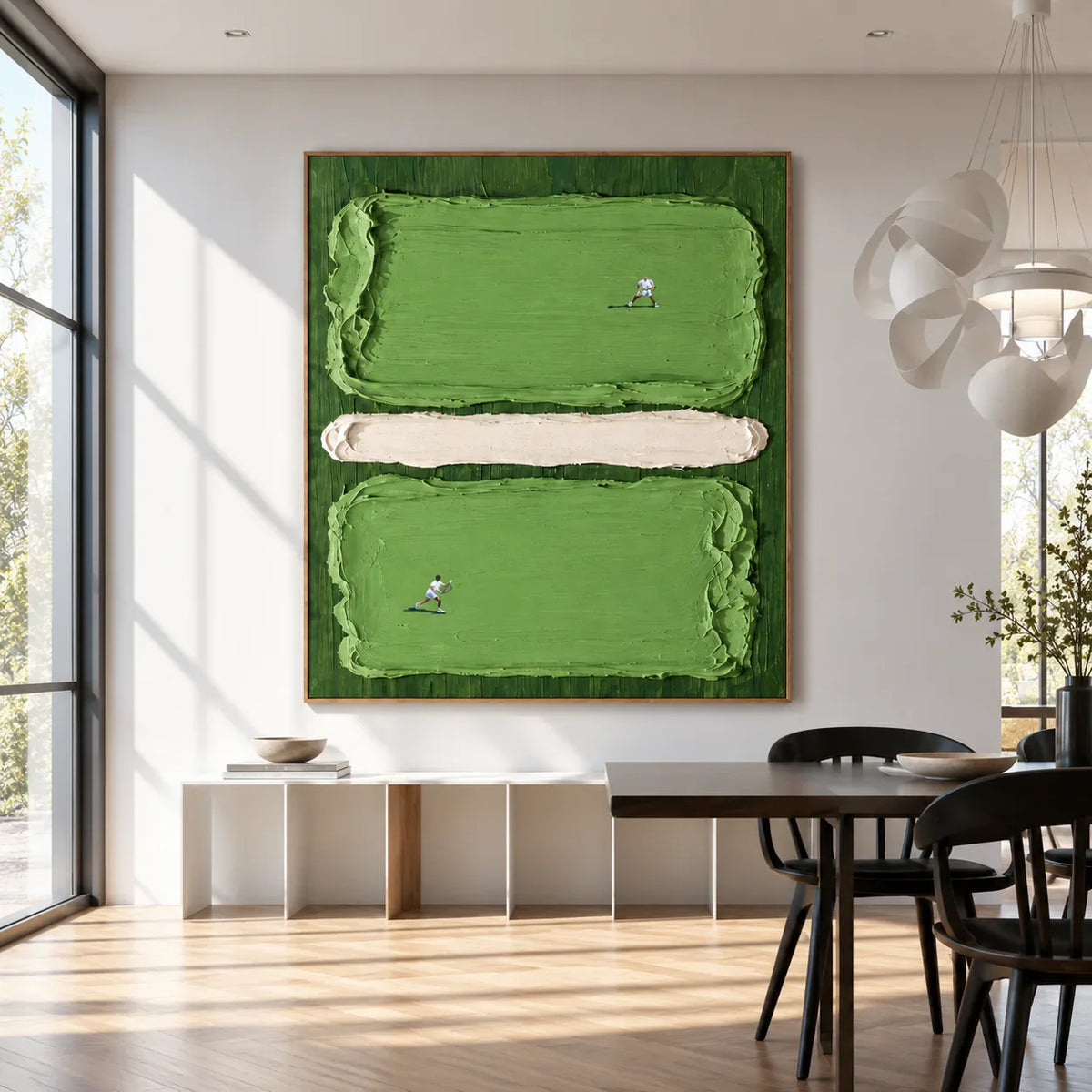 Two Tennis Players on Textured Green Court Panels Wall Art styled interior scene 5 | Olyrel