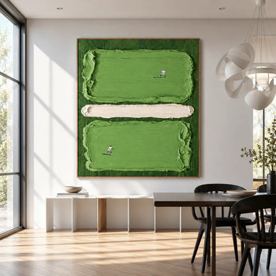 Two Tennis Players on Textured Green Court Panels Wall Art styled interior scene 5 | Olyrel