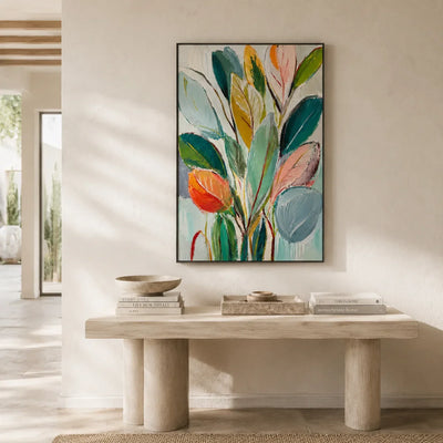 Painted Leaves Botanical Wall Art displayed above a sofa in a neutral interior | Olyrel