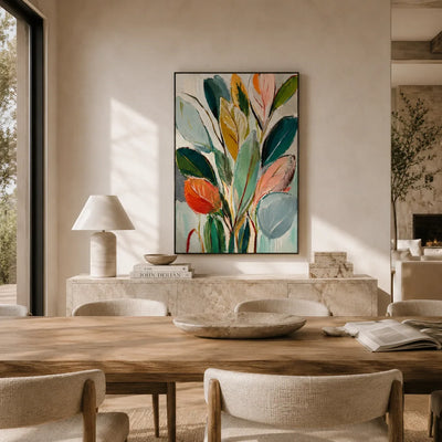 Painted Leaves Botanical Wall Art shown in a calm bedroom setting | Olyrel