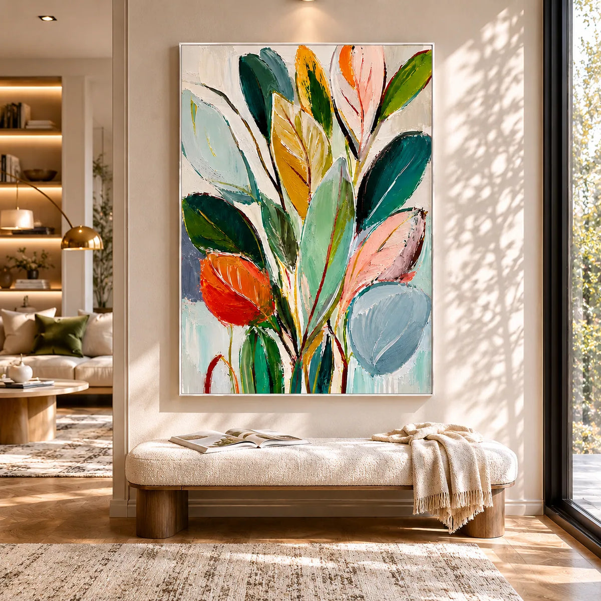 Painted Leaves Botanical Wall Art styled with minimal interior decor | Olyrel