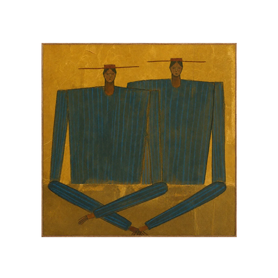Two Angular Blue Figures on Golden Ochre Wall Art | Olyrel