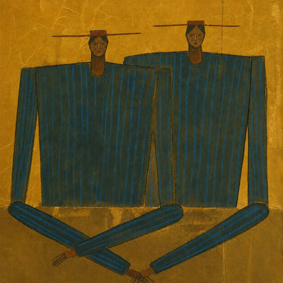 Two Angular Blue Figures on Golden Ochre Wall Art artwork view | Olyrel