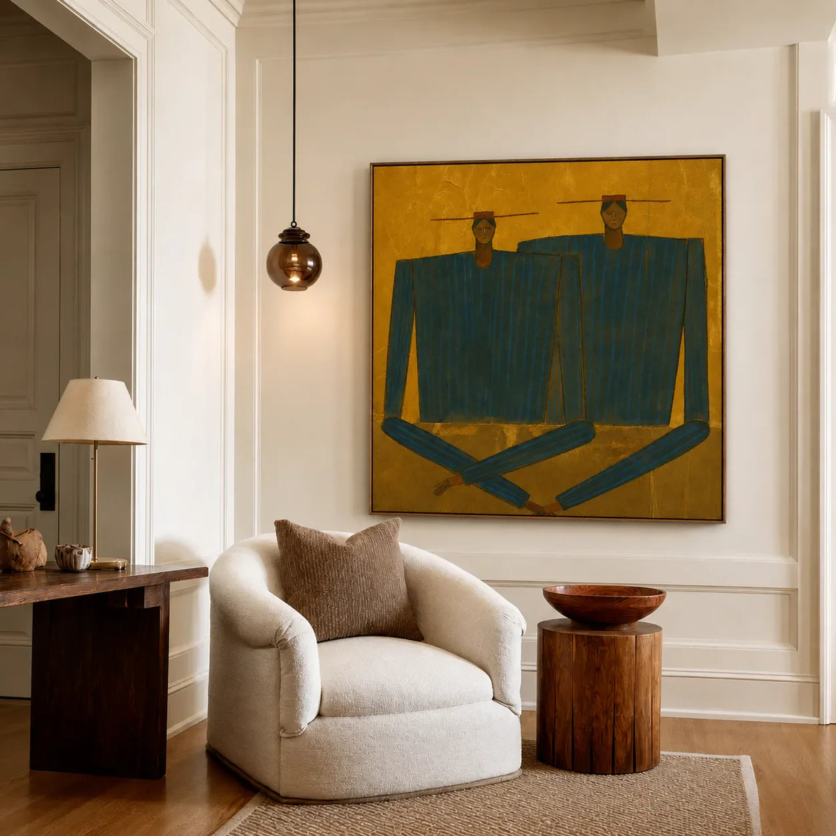 Two Angular Blue Figures on Golden Ochre Wall Art styled interior scene 1 | Olyrel
