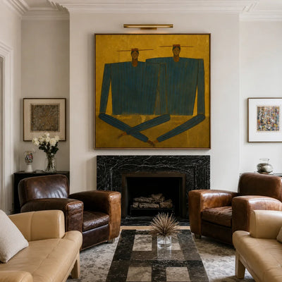 Two Angular Blue Figures on Golden Ochre Wall Art styled interior scene 3 | Olyrel