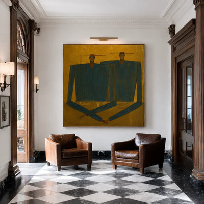 Two Angular Blue Figures on Golden Ochre Wall Art styled interior scene 4 | Olyrel