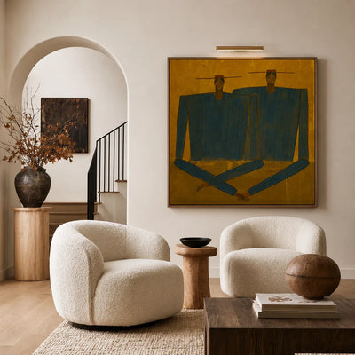 Two Angular Blue Figures on Golden Ochre Wall Art styled interior scene 5 | Olyrel