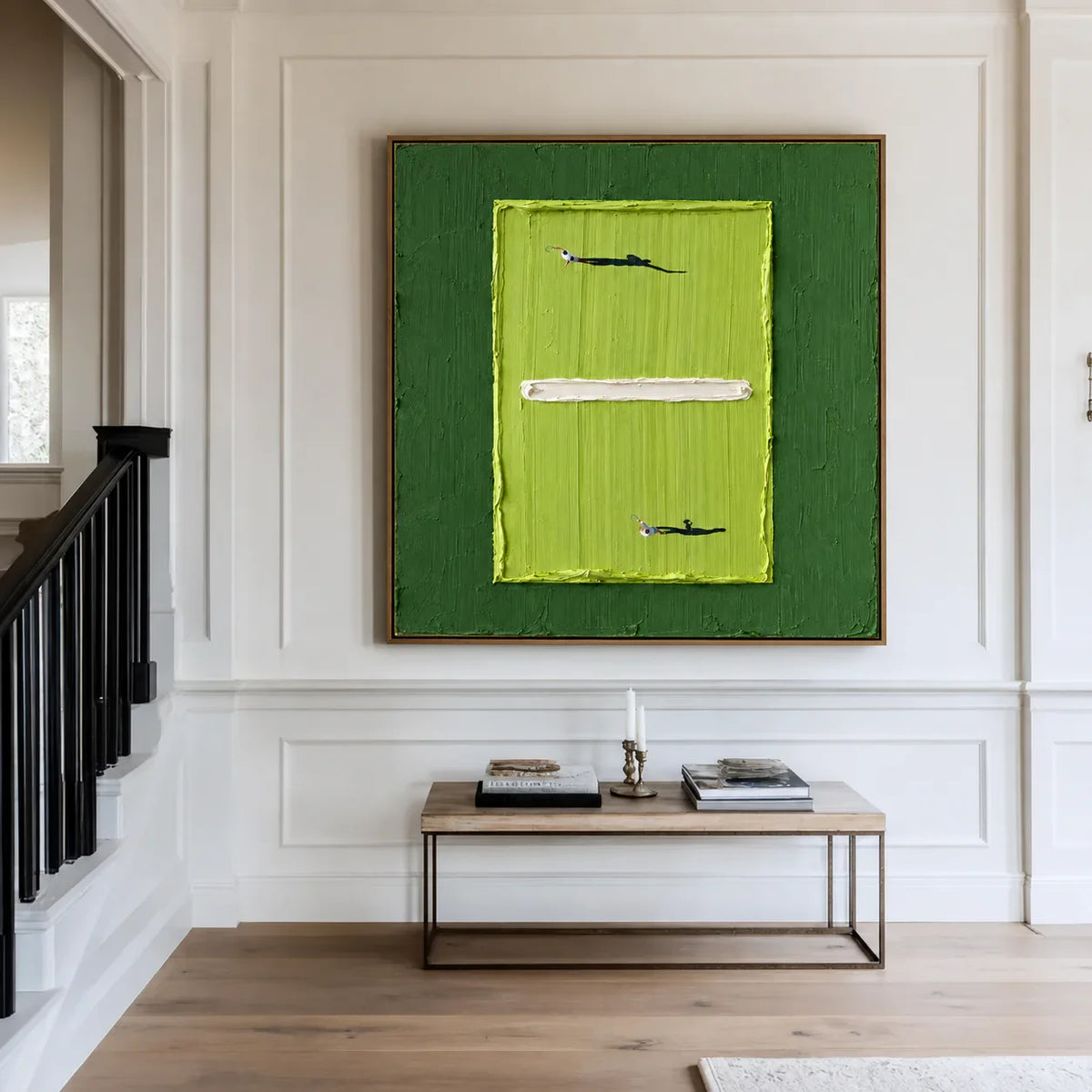 Tiny Tennis Players on a Lime-Green Court Wall Art styled interior scene 2 | Olyrel