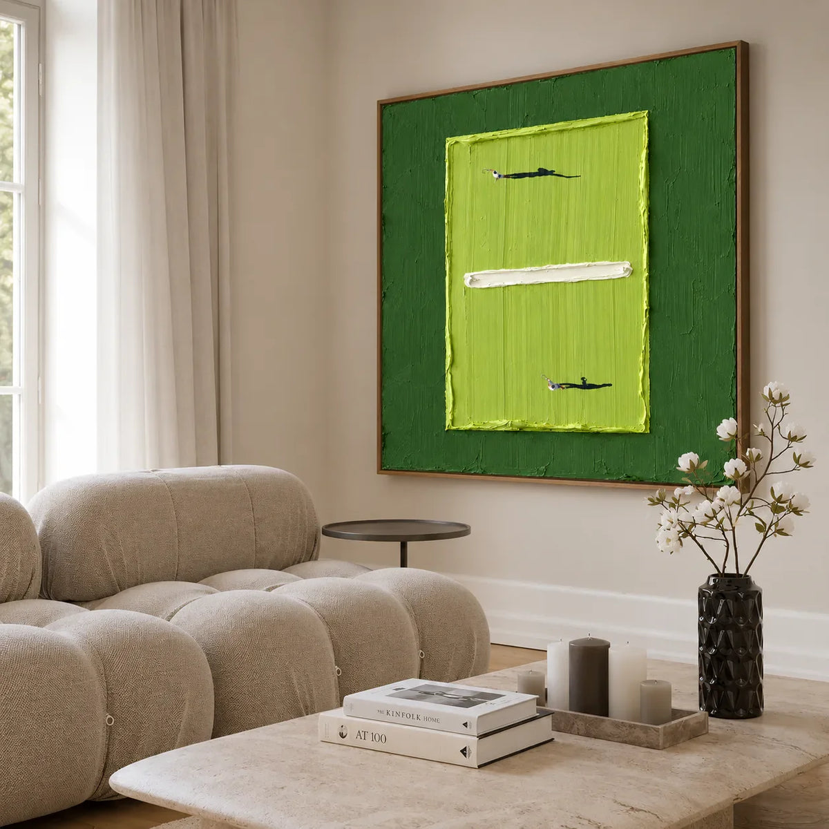 Tiny Tennis Players on a Lime-Green Court Wall Art styled interior scene 5 | Olyrel