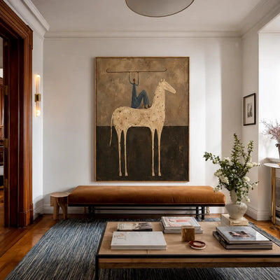 Blue Rider Balancing a Line Above a Cream Horse Wall Art styled interior scene 1 | Olyrel