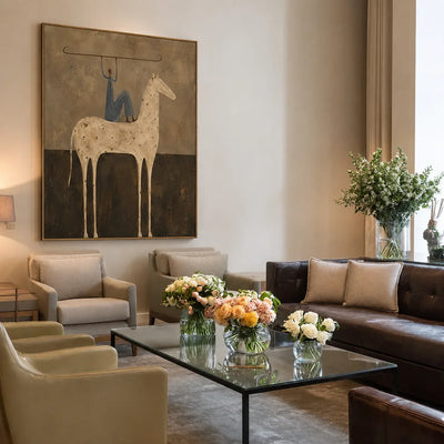 Blue Rider Balancing a Line Above a Cream Horse Wall Art styled interior scene 2 | Olyrel