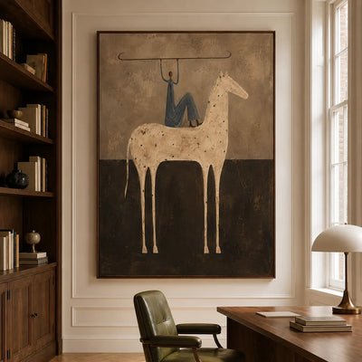 Blue Rider Balancing a Line Above a Cream Horse Wall Art styled interior scene 3 | Olyrel