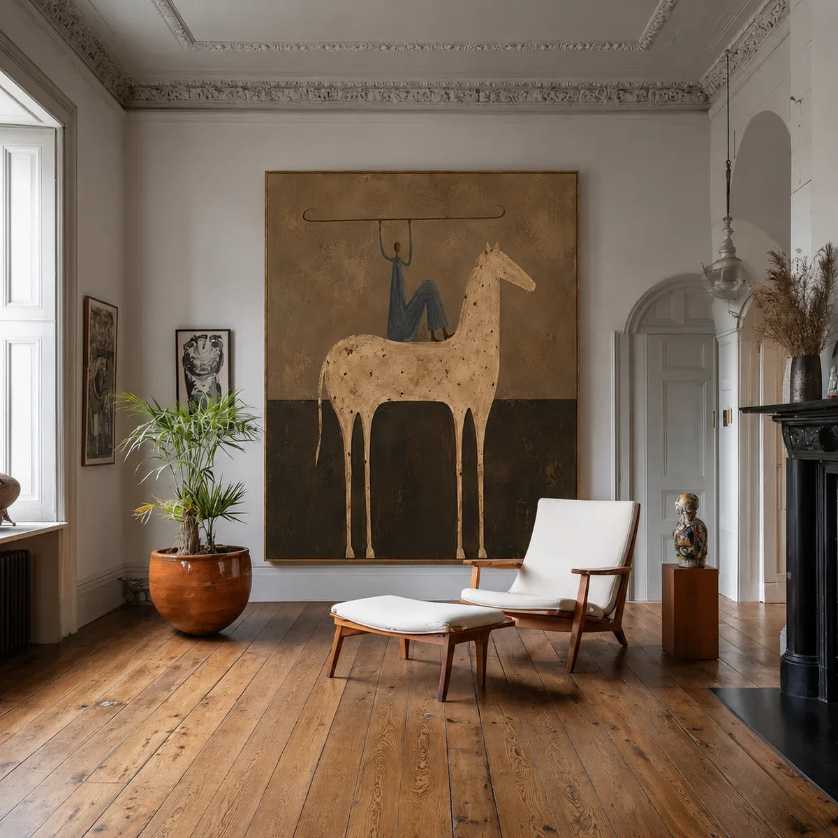 Blue Rider Balancing a Line Above a Cream Horse Wall Art styled interior scene 4 | Olyrel
