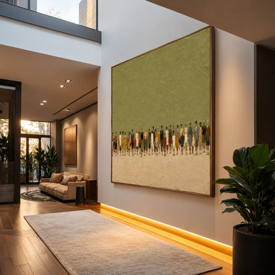 Colorful Crowd Beneath an Open Olive Field Wall Art styled interior scene 1 | Olyrel