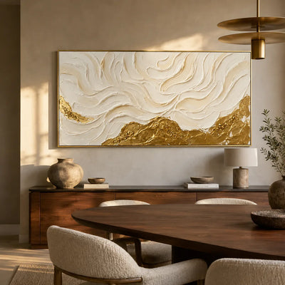 Ivory Flowing Ridges Above Golden Peaks Wall Art styled interior scene 2 | Olyrel