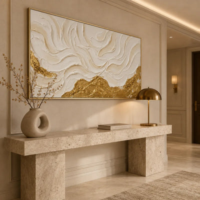 Ivory Flowing Ridges Above Golden Peaks Wall Art styled interior scene 3 | Olyrel