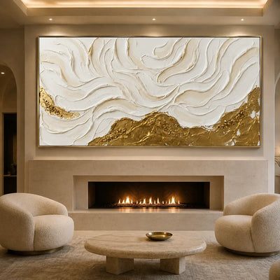 Ivory Flowing Ridges Above Golden Peaks Wall Art styled interior scene 4 | Olyrel