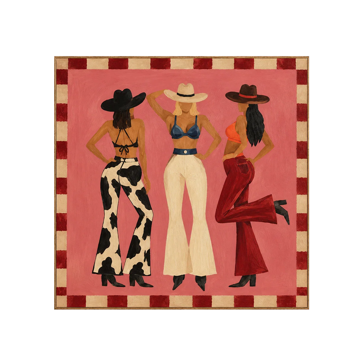 Three Western-Hatted Figures on Coral Pink Wall Art | Olyrel
