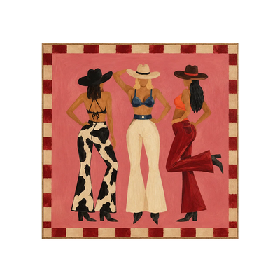 Three Western-Hatted Figures on Coral Pink Wall Art | Olyrel