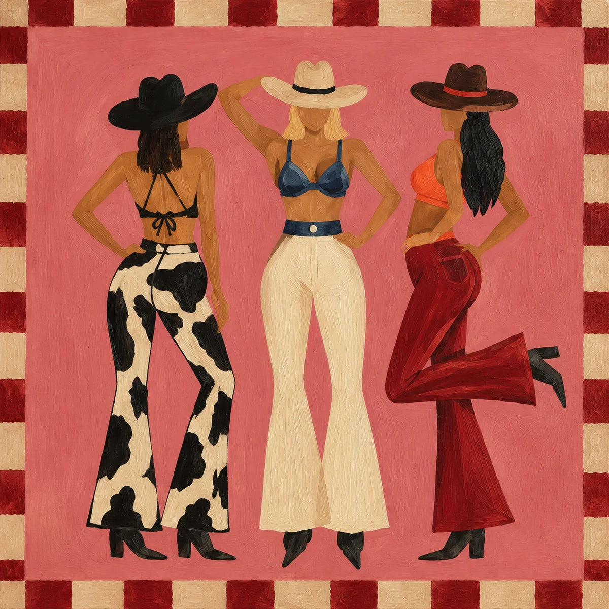 Three Western-Hatted Figures on Coral Pink Wall Art artwork view | Olyrel