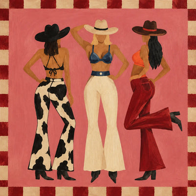 Three Western-Hatted Figures on Coral Pink Wall Art artwork view | Olyrel