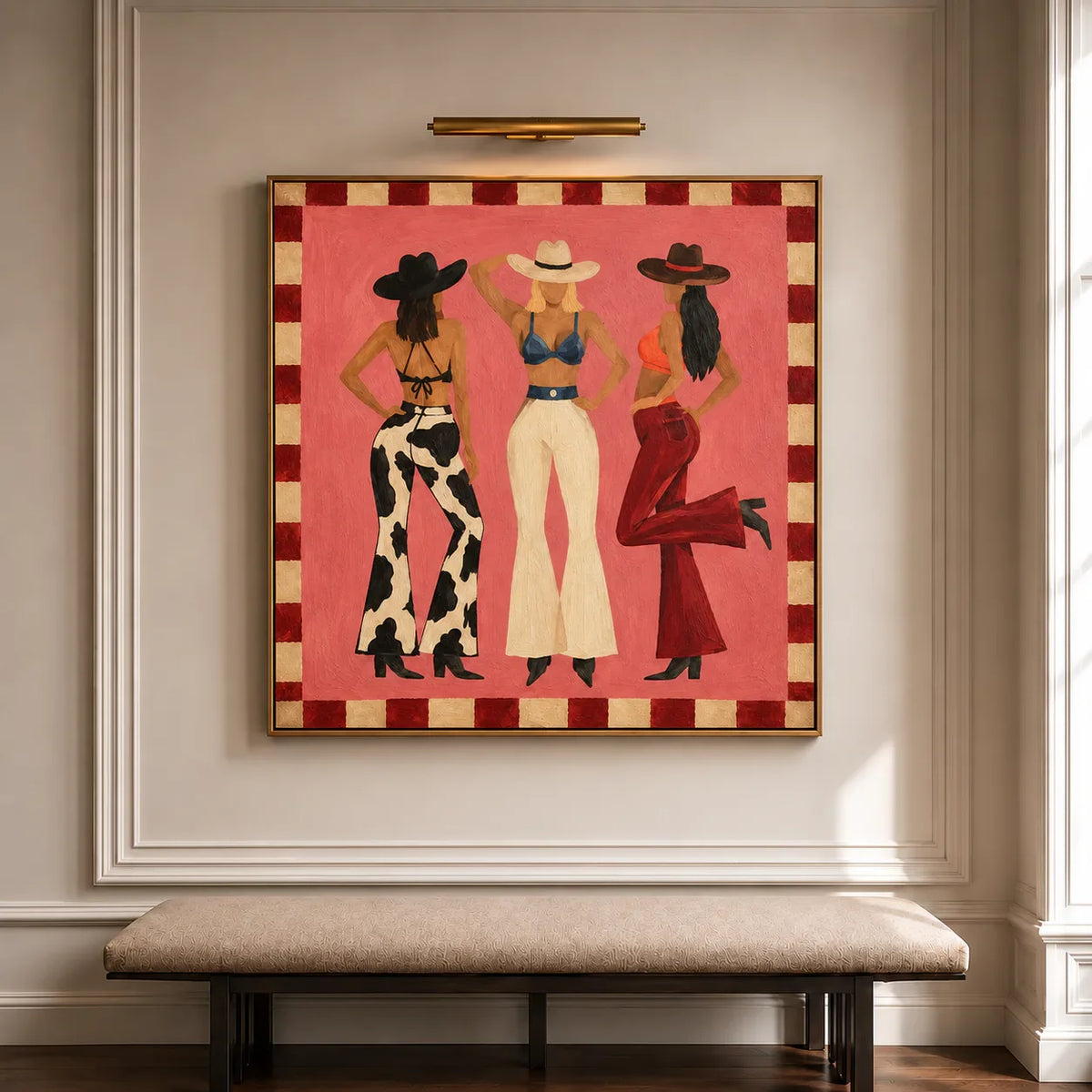 Three Western-Hatted Figures on Coral Pink Wall Art styled interior scene 1 | Olyrel