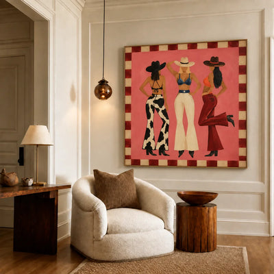 Three Western-Hatted Figures on Coral Pink Wall Art styled interior scene 4 | Olyrel