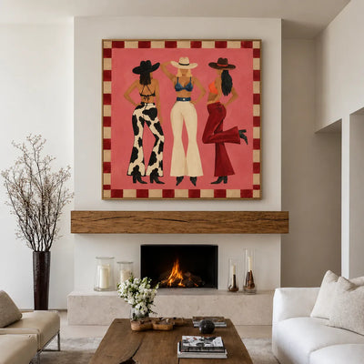 Three Western-Hatted Figures on Coral Pink Wall Art styled interior scene 5 | Olyrel