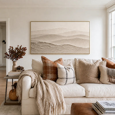 Soft Beige Hills in Layered Panoramic Relief Wall Art styled interior scene 4 | Olyrel