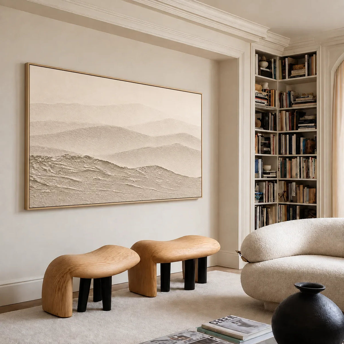 Soft Beige Hills in Layered Panoramic Relief Wall Art styled interior scene 5 | Olyrel