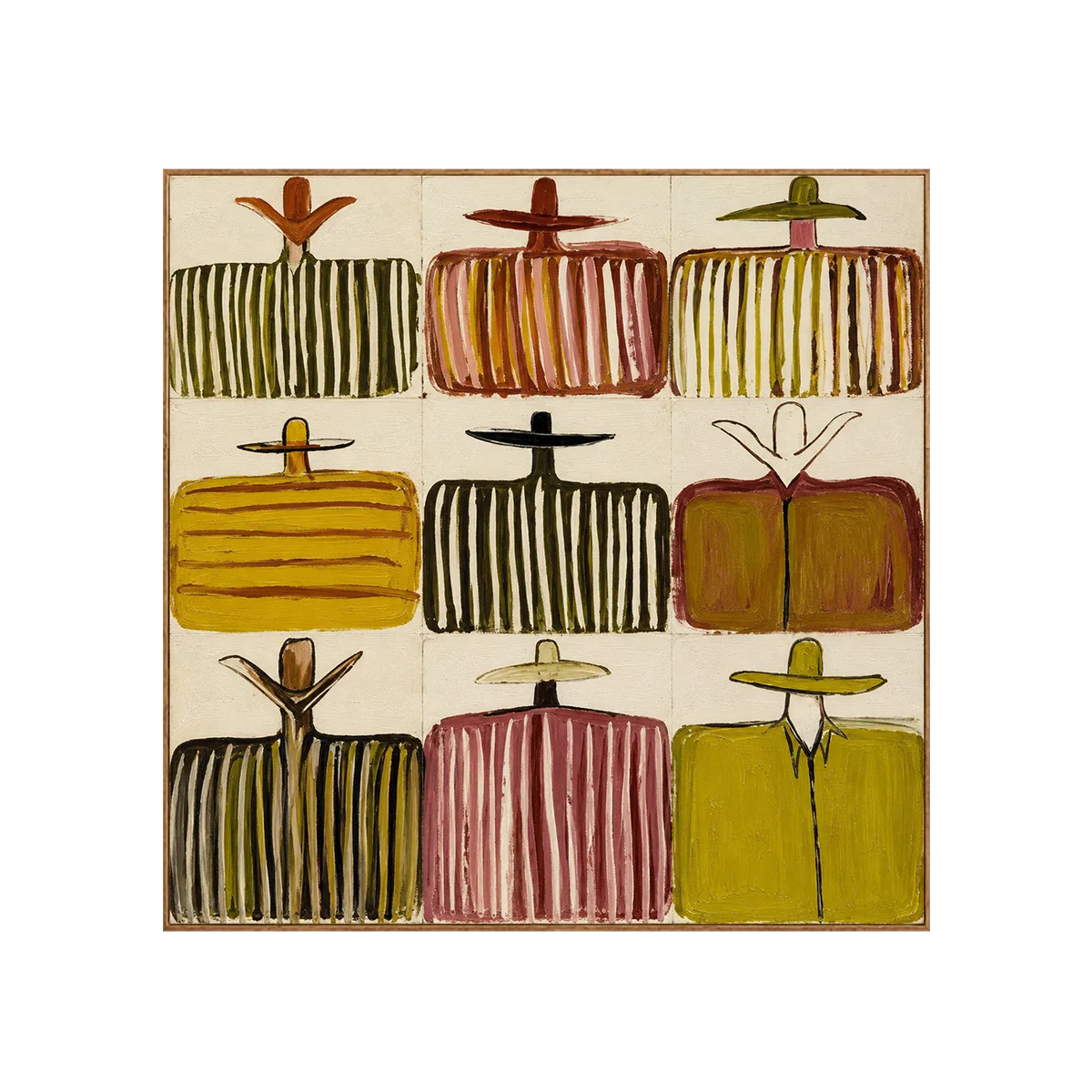 Nine Hat Figures in a Grid of Warm Stripes Wall Art | Olyrel