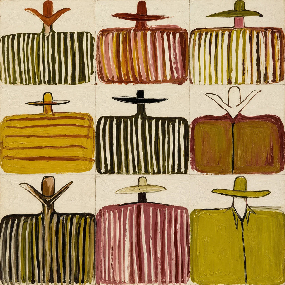 Nine Hat Figures in a Grid of Warm Stripes Wall Art artwork view | Olyrel