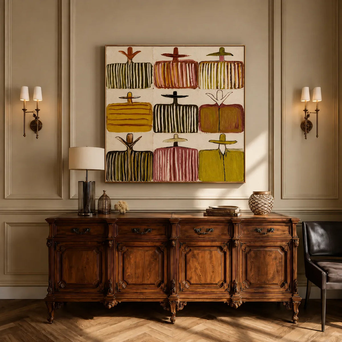Nine Hat Figures in a Grid of Warm Stripes Wall Art styled interior scene 2 | Olyrel