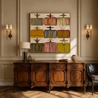 Nine Hat Figures in a Grid of Warm Stripes Wall Art styled interior scene 2 | Olyrel