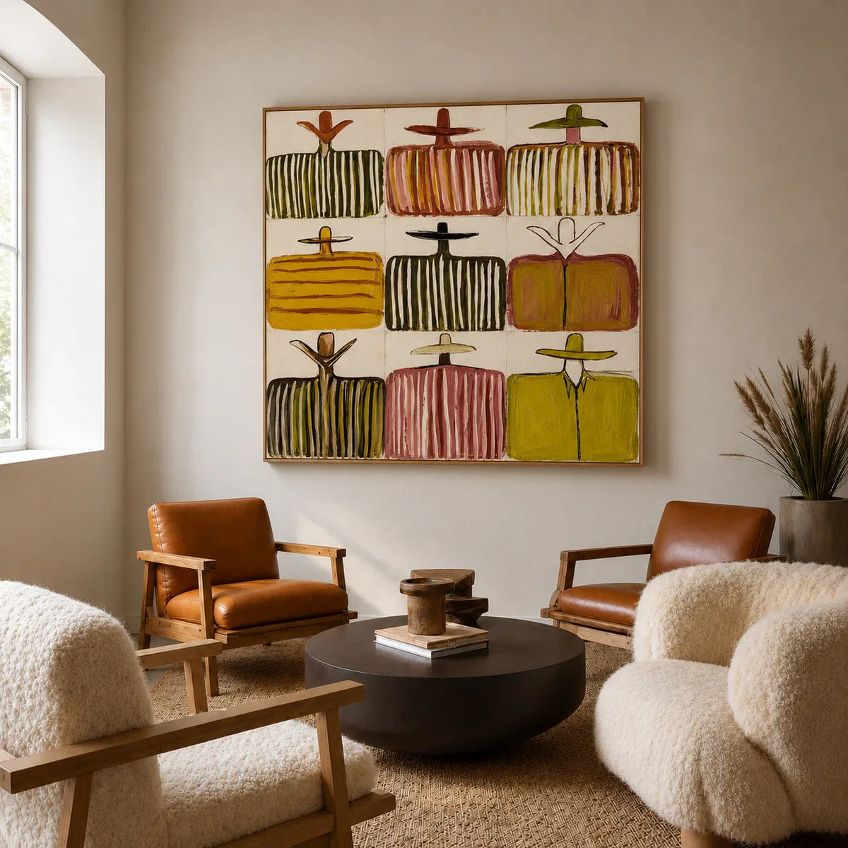 Nine Hat Figures in a Grid of Warm Stripes Wall Art styled interior scene 3 | Olyrel