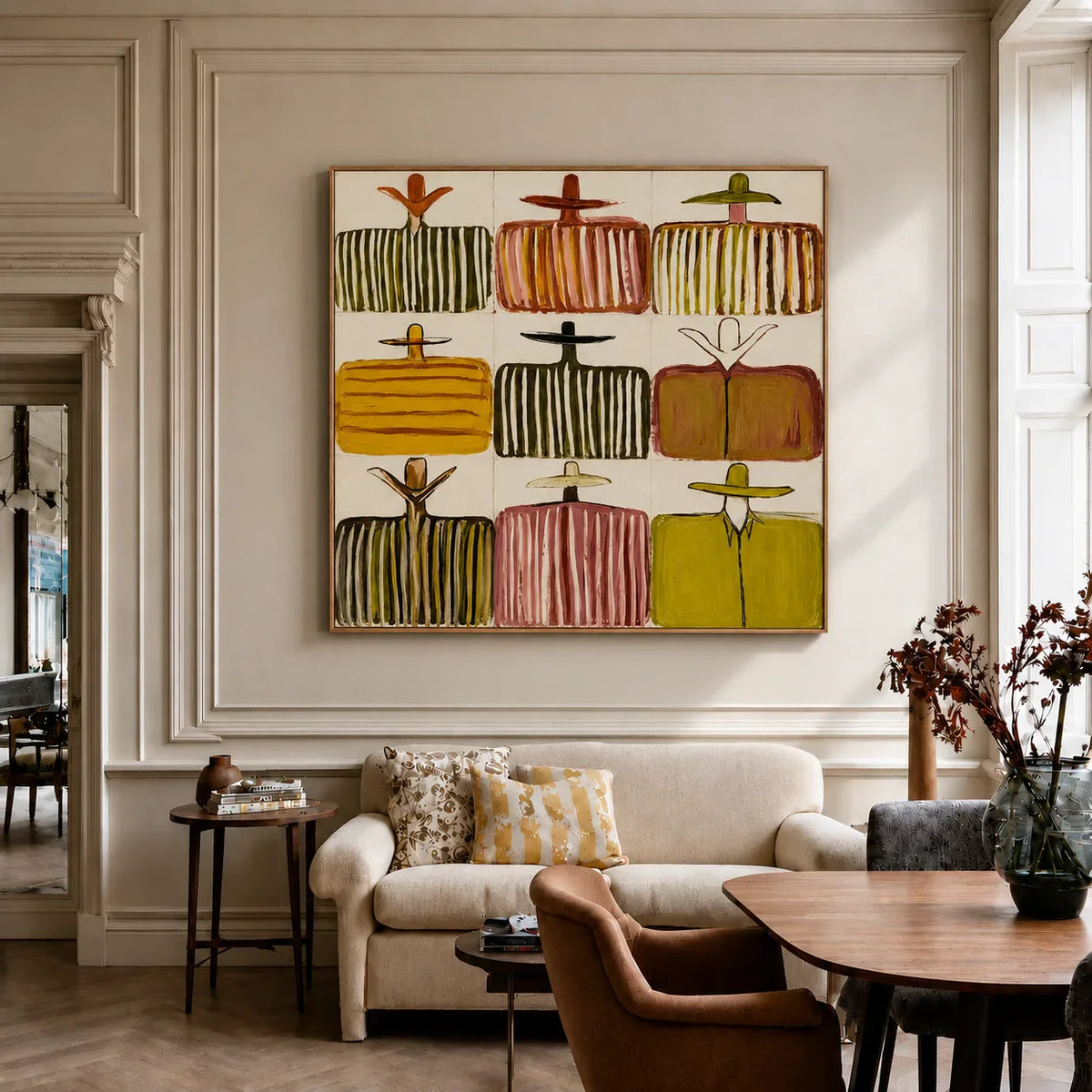Nine Hat Figures in a Grid of Warm Stripes Wall Art styled interior scene 4 | Olyrel