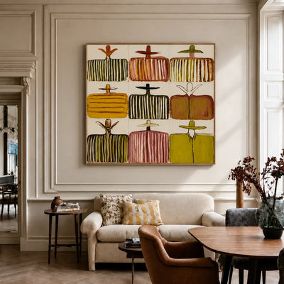 Nine Hat Figures in a Grid of Warm Stripes Wall Art styled interior scene 4 | Olyrel