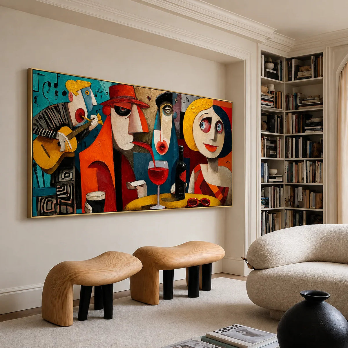 Colorful Cafe Faces with Guitar and Wine Wall Art styled interior scene 1 | Olyrel