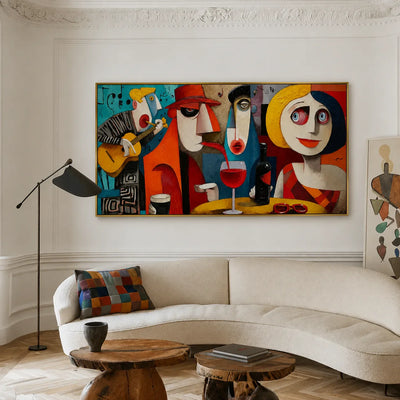 Colorful Cafe Faces with Guitar and Wine Wall Art styled interior scene 2 | Olyrel