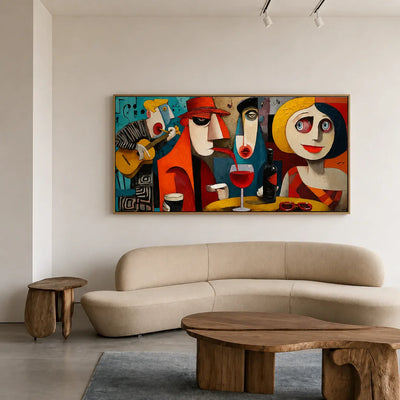 Colorful Cafe Faces with Guitar and Wine Wall Art styled interior scene 5 | Olyrel